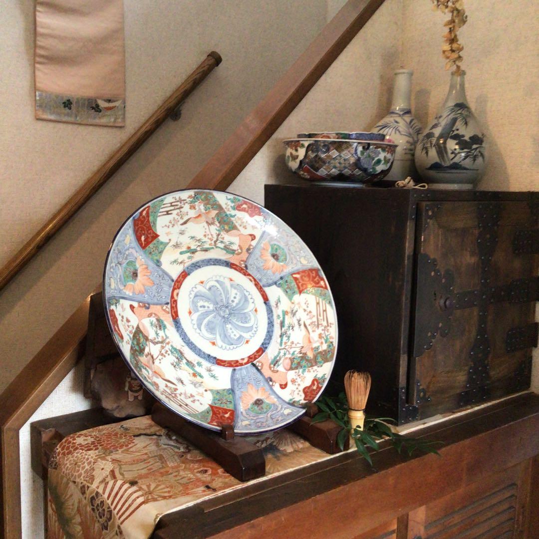 A866 古伊万里　染錦手　見込花　雲鶴紋様　（1尺5寸）大皿