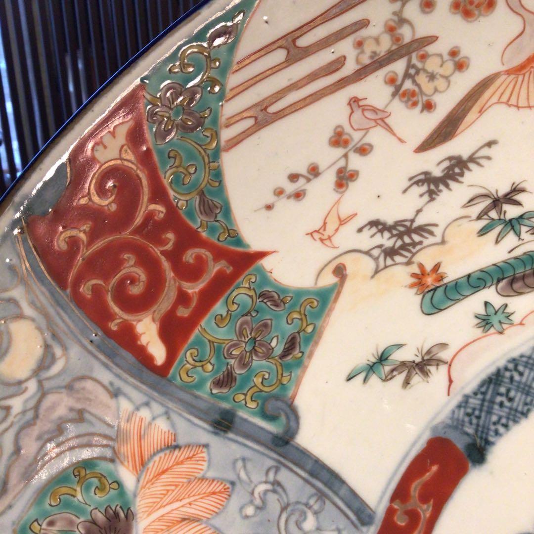 A866 古伊万里　染錦手　見込花　雲鶴紋様　（1尺5寸）大皿