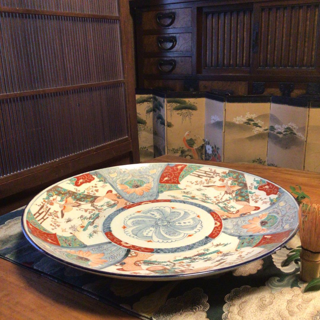 A866 古伊万里　染錦手　見込花　雲鶴紋様　（1尺5寸）大皿