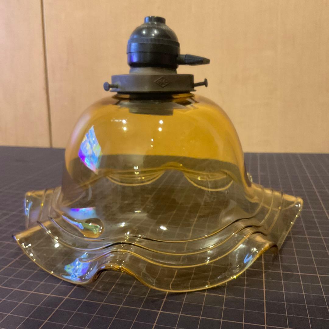 アンティーク アンバー 硝子　電笠　ペンダントライト　ソケット付き　フリル　美品