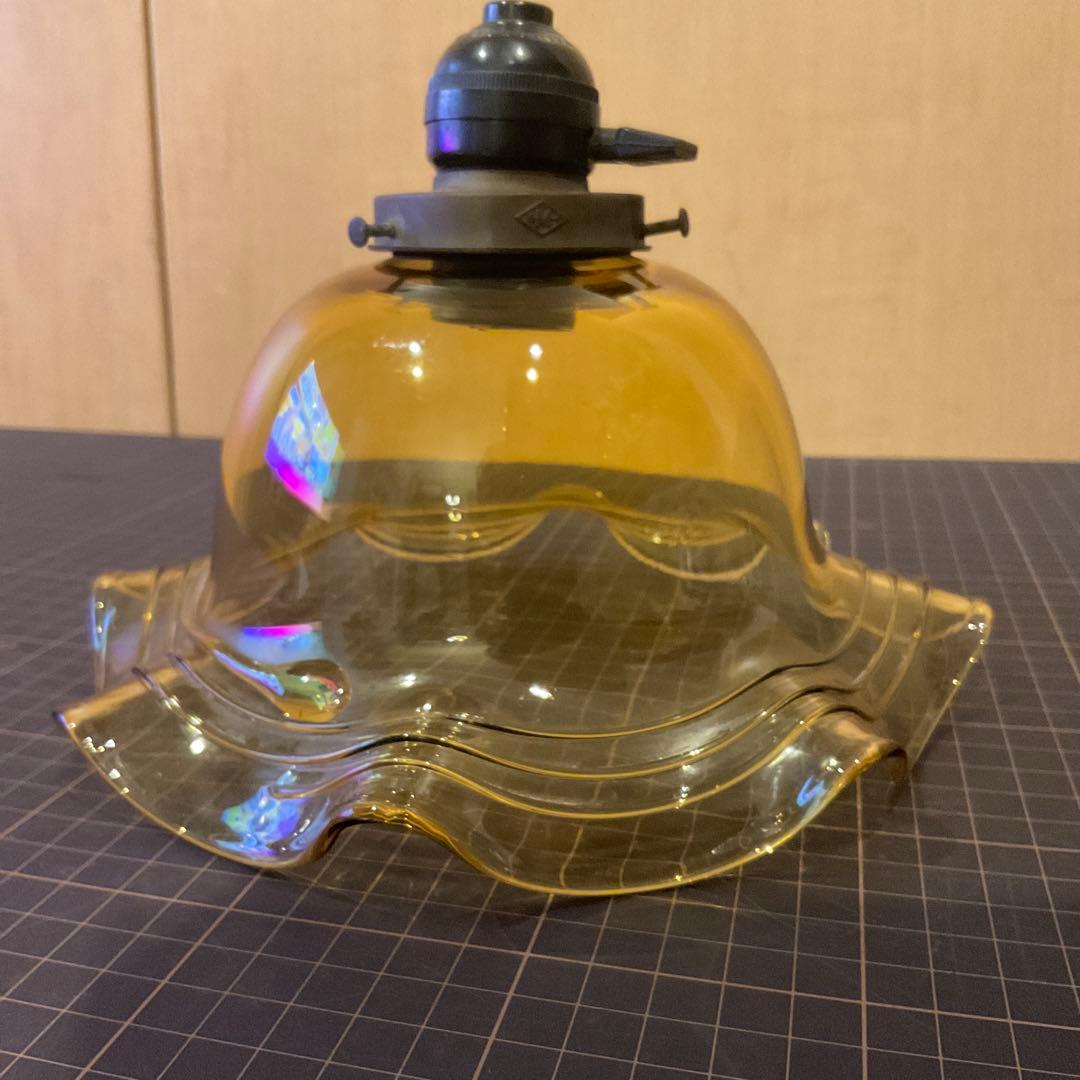 アンティーク アンバー 硝子　電笠　ペンダントライト　ソケット付き　フリル　美品