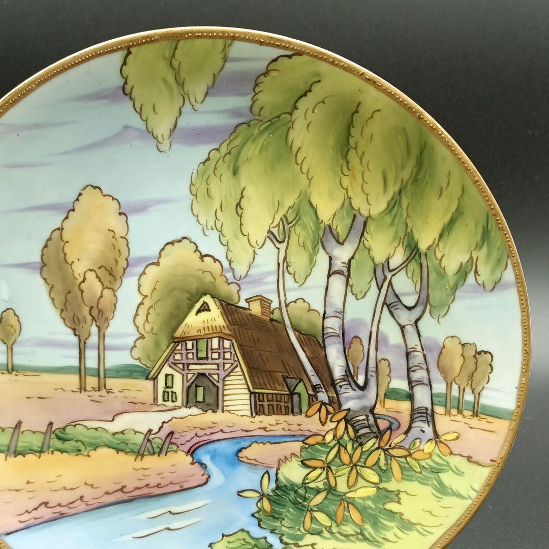 オールドノリタケ 川辺 茅葺き屋根 田舎風景 絵皿