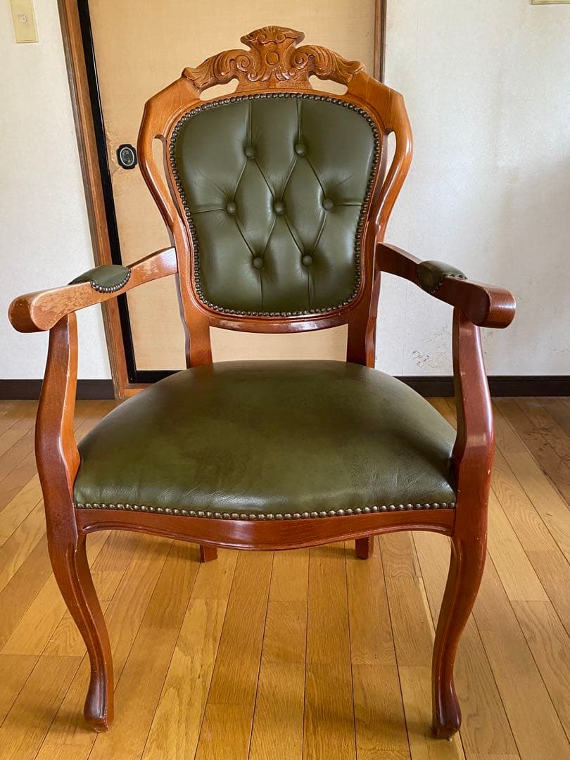 【高級アンティーク調】ダイニングチェア木製 グリーン 合皮 クラシックデザイン⑥
