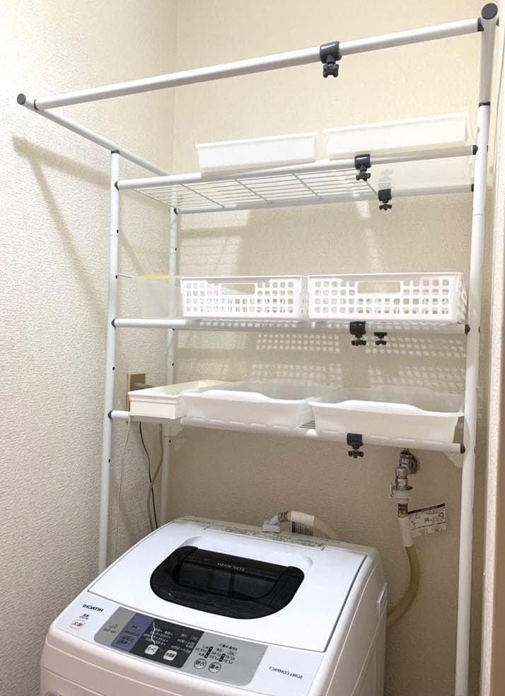 【❤ネット棚3段＆ちょい掛けに便利なハンガーパイプ付き♪❤】ランドリーラック