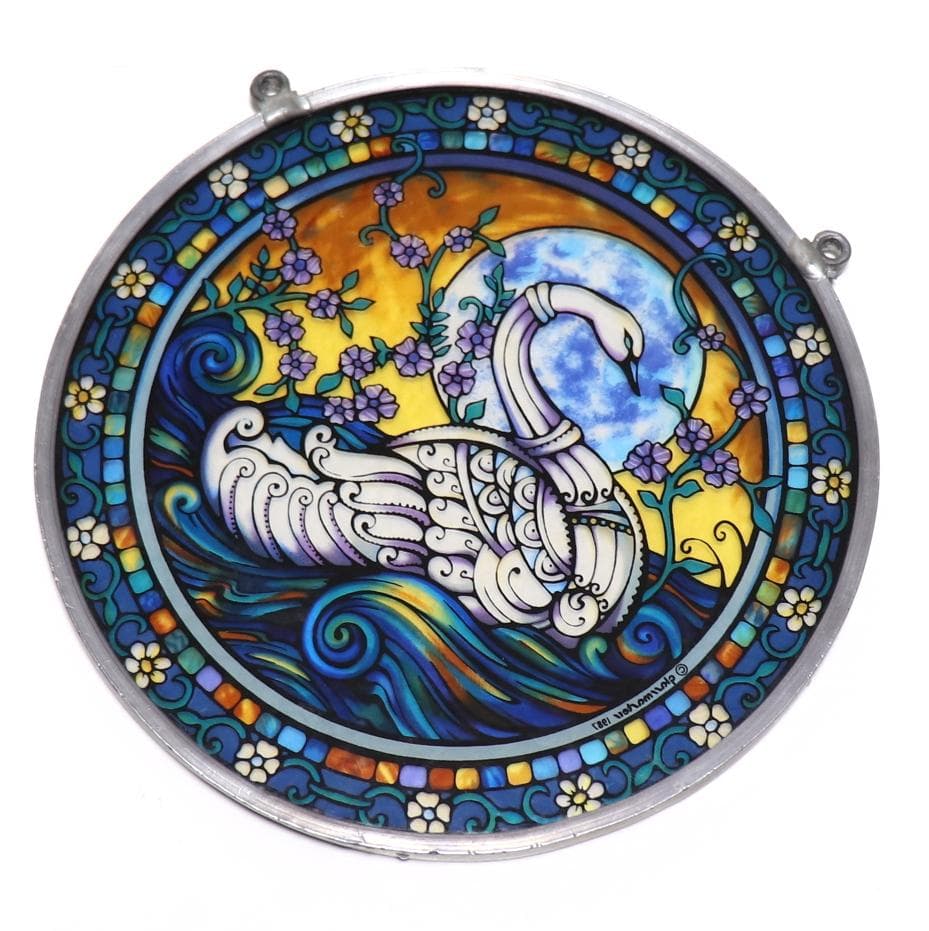 満月の湖に浮かぶ白鳥と花 ヴィンテージ ステンドグラス スワン 青