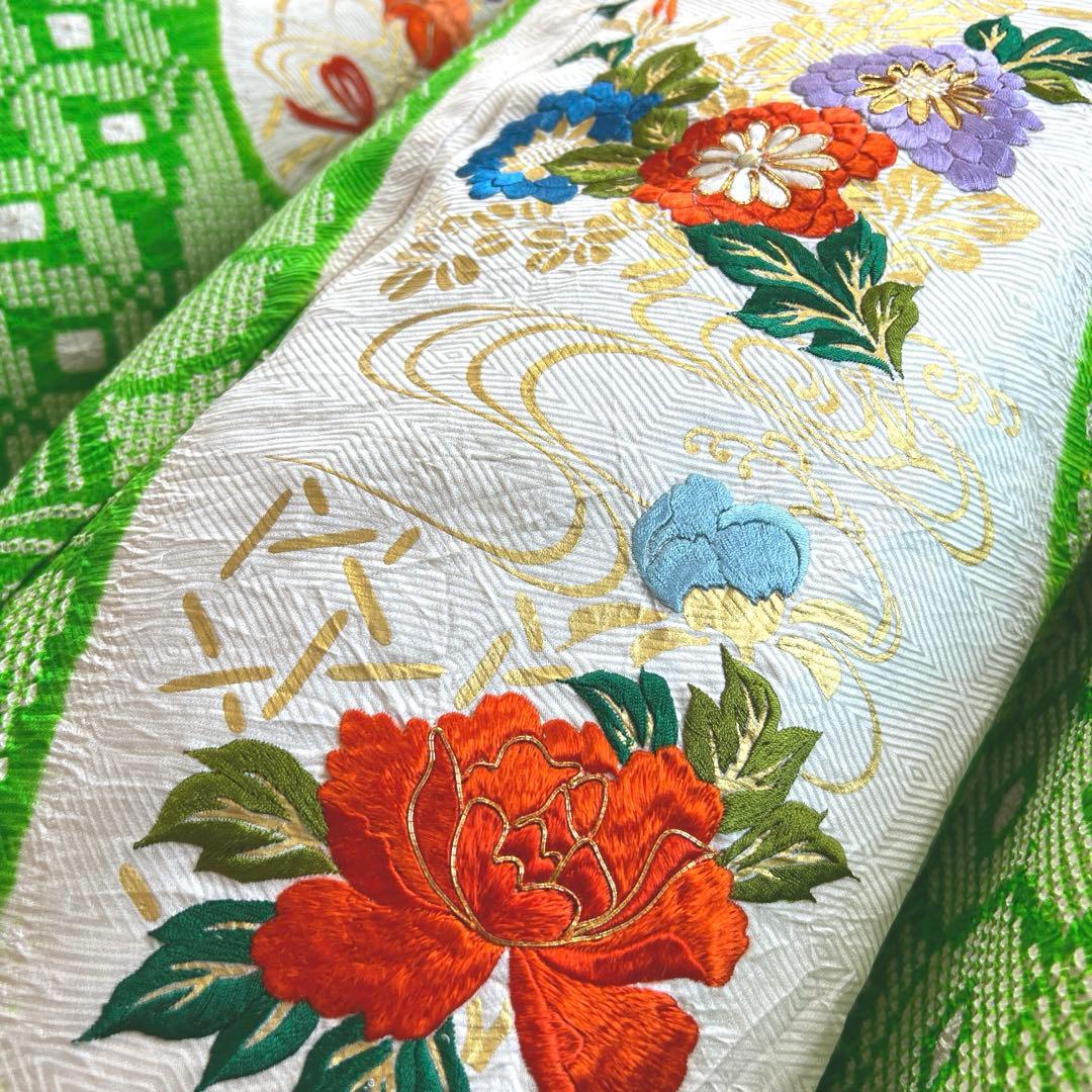 448 振袖フルセット 正絹 グリーン 黄緑 総刺繍 金彩 絞り レトロ 古風