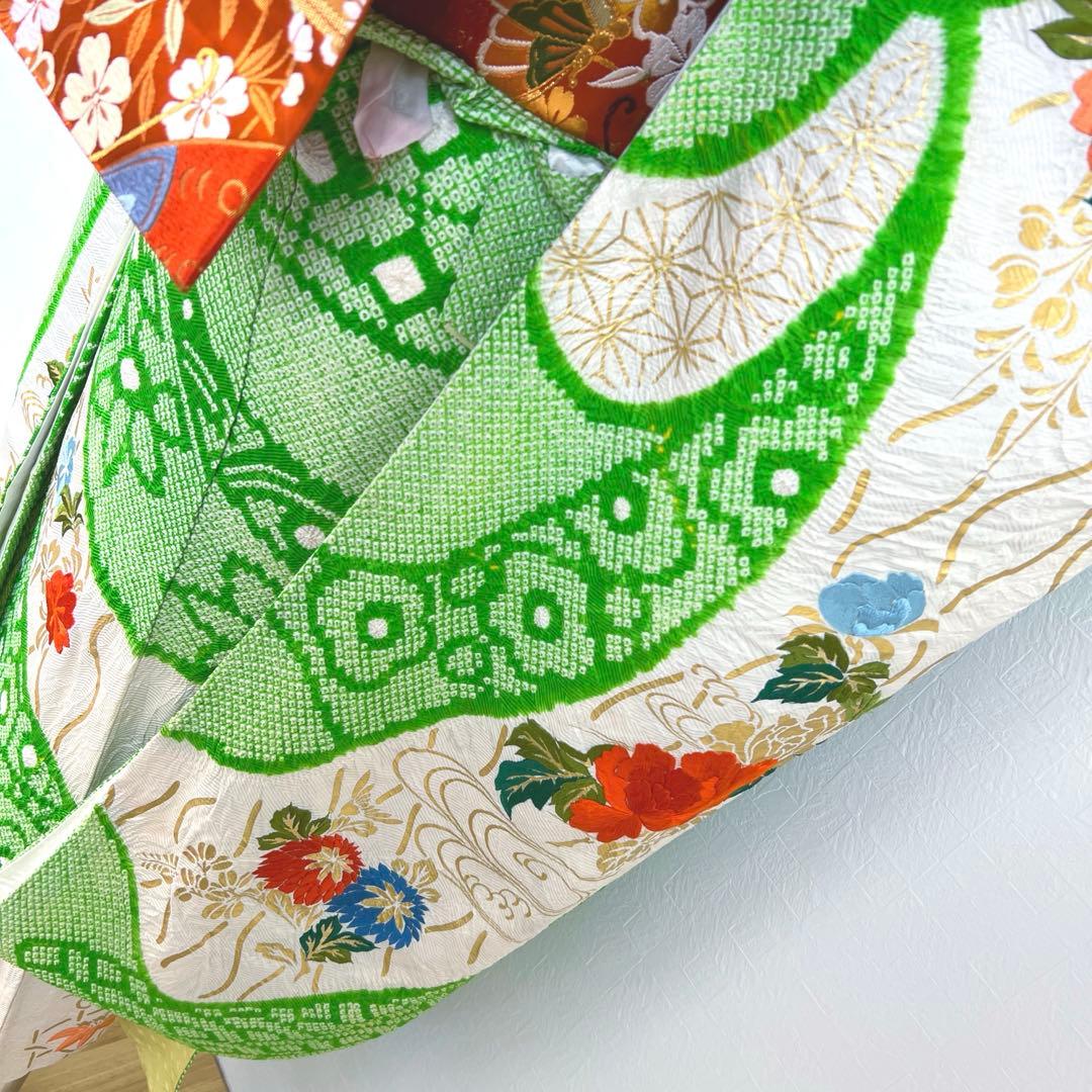 448 振袖フルセット 正絹 グリーン 黄緑 総刺繍 金彩 絞り レトロ 古風