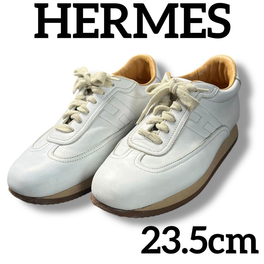 良品 HERMES クイック スニーカー H ロゴ レザー 23.5 ホワイト