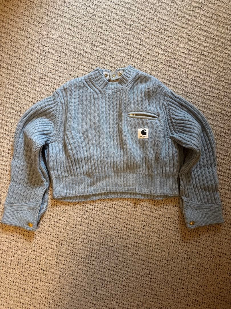 sacai ✖️ Carhartt リブ編み クロップドセーターライトブルー