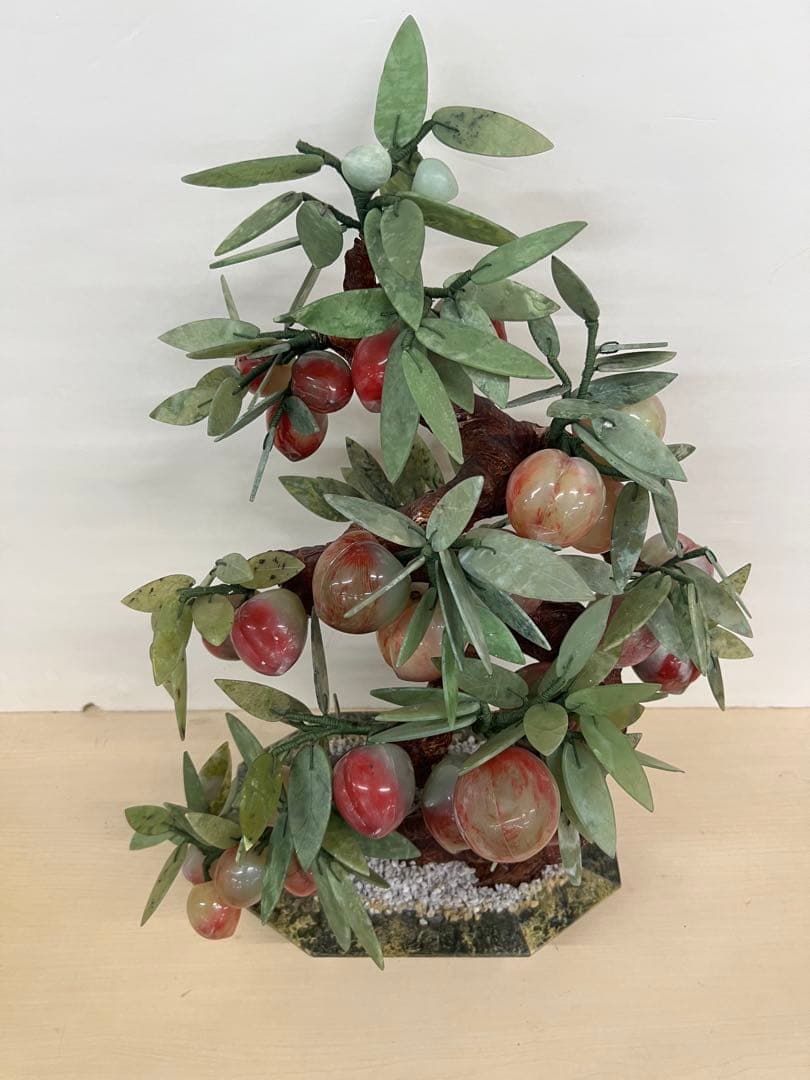 中国美術　桃樹玉石　桃木玉石盆栽　景泰藍　石細工彫刻　置物　縁起物