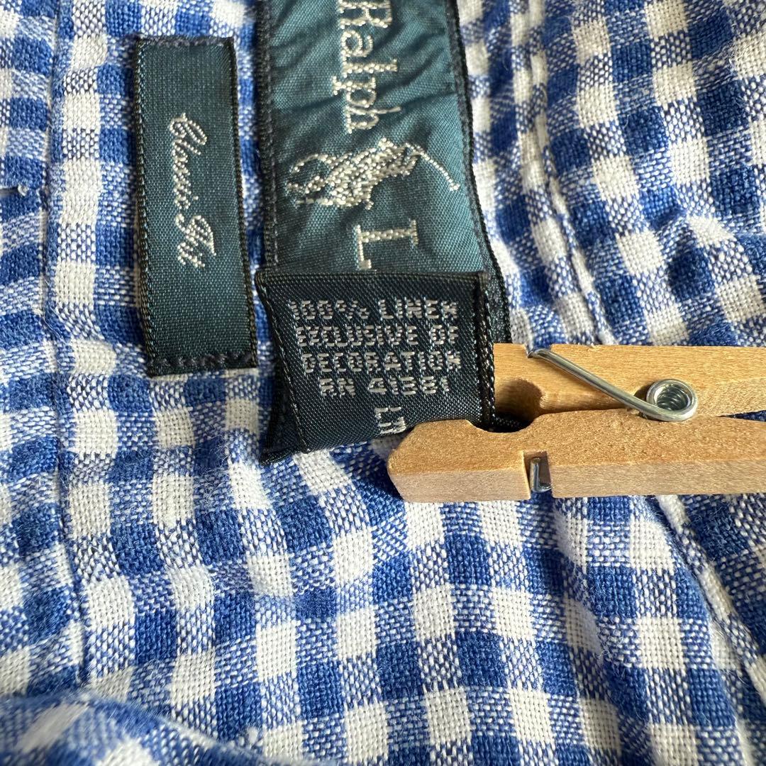 美品 ラルフローレン リネン100% チェック柄 半袖 大きめシャツ◆ブルー