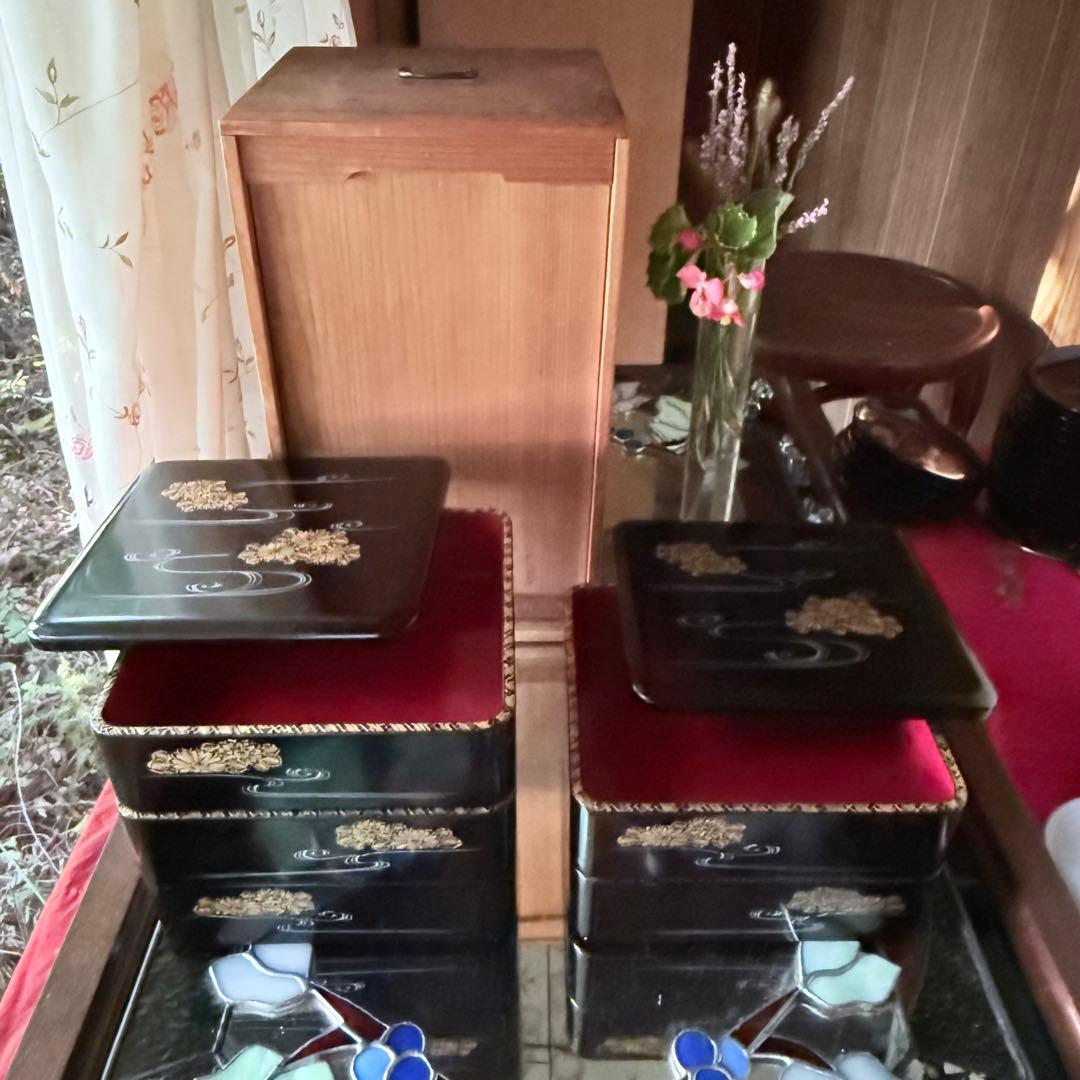 2208様感謝‼JAPAN輪島工房特製沈金『曲水菊づくし』輪島 五段重箱2枚蓋