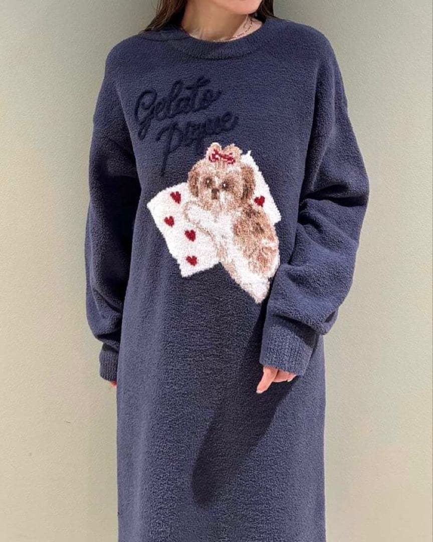 ジェラートピケ シーズー ジャガードワンピース ネイビー 新品 犬柄 ドッグいぬ