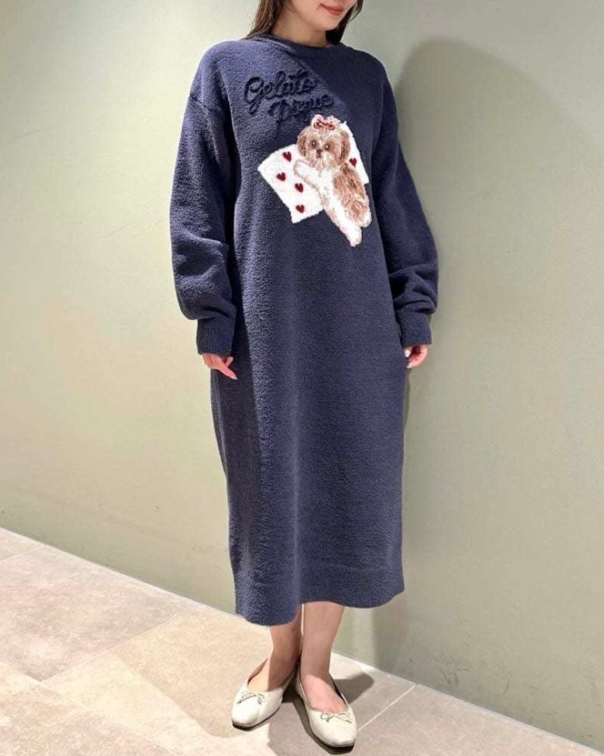 ジェラートピケ シーズー ジャガードワンピース ネイビー 新品 犬柄 ドッグいぬ