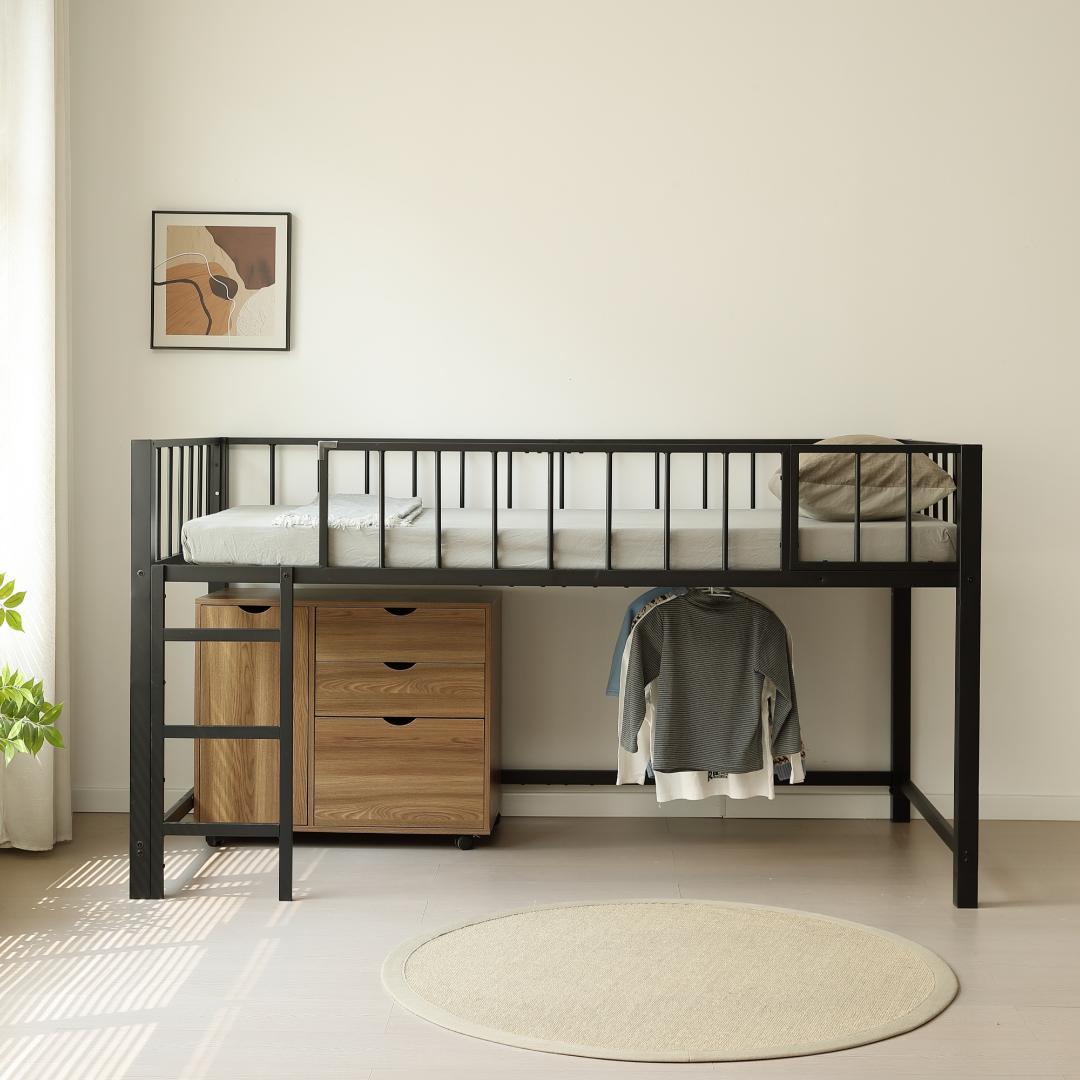 限定価格！新作ロフトベッド　左右入れ替え　省スペース　スチール製　BLACK