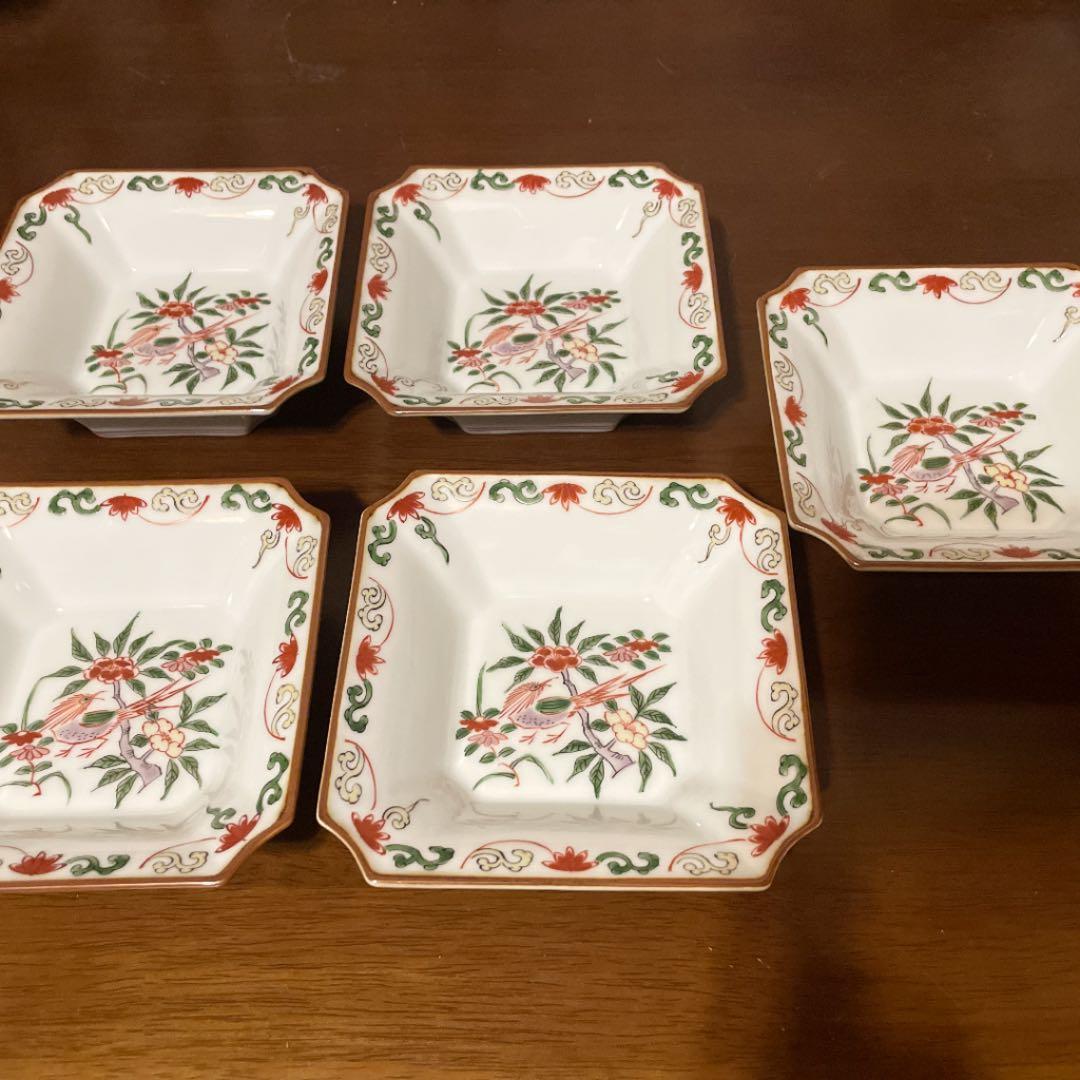 源右衛門窯　赤絵花鳥　角小鉢　5客　セット　縁起物