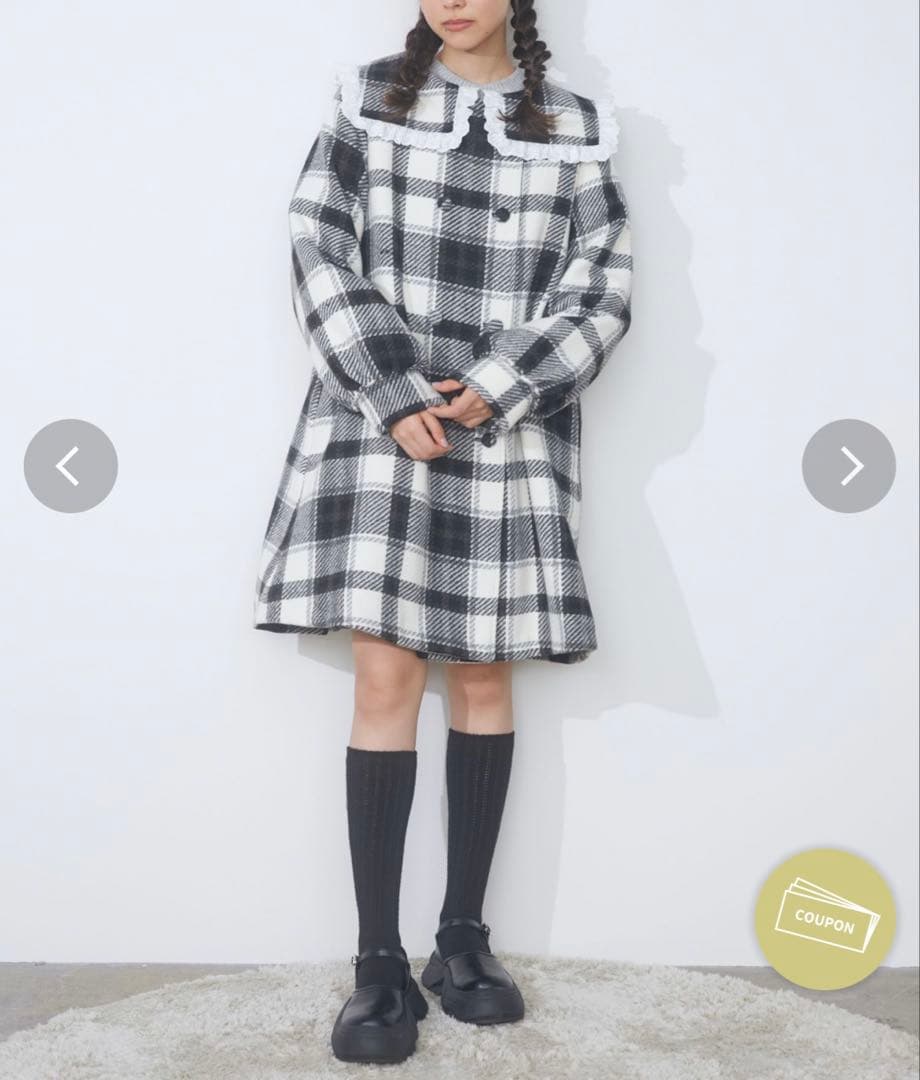 メリージェニー　チェックセーラーカラーAラインコート　ブラック