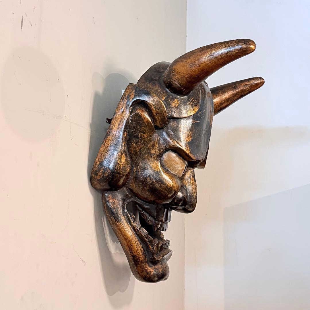 時代年代物 特大 木彫 塗金黒漆 般若 お面 壁飾り 縦約70㎝ 能面 東洋彫刻