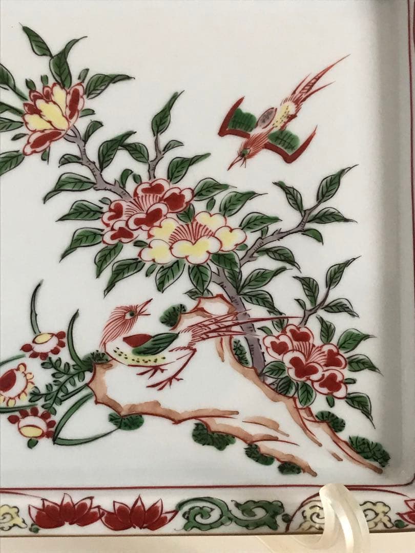 希少品【源右衛門窯・古伊万里】赤絵花鳥文角皿　（1枚）