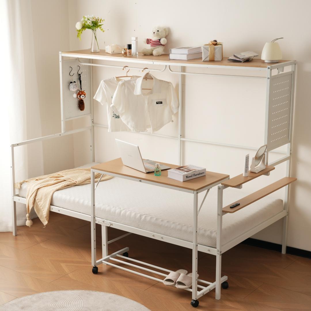 【新品】【ホワイト】ロフトベッド 北欧風木目 移動デスク付き 耐震 大人用