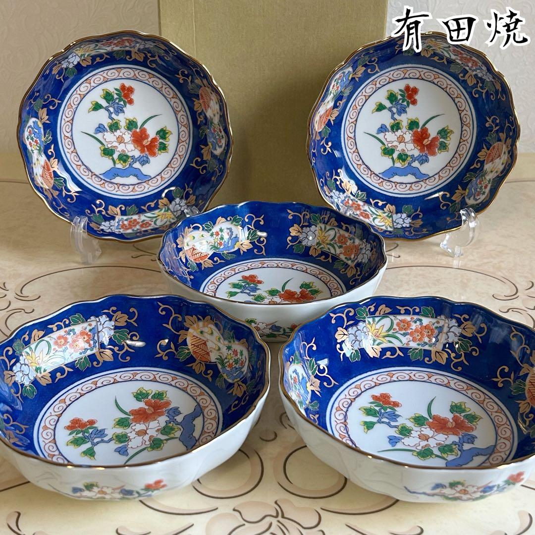 有田焼　仁窯　染錦花紋　中鉢揃　5枚セット　膾皿　金彩古伊万里　色絵　輪花鉢正月