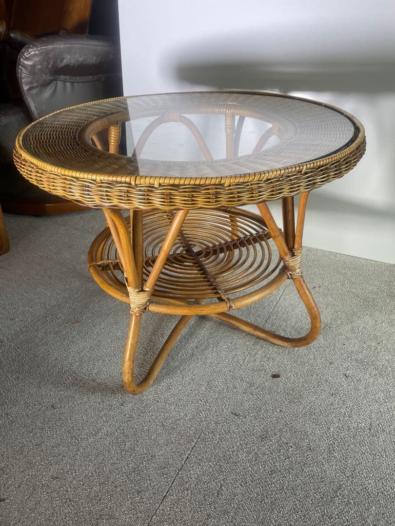 高級ラタン 丸テーブル ガラス天板 昭和レトロ ビンテージ　藤　アンティーク