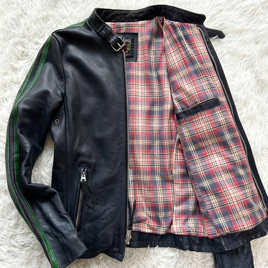 希少色　ショット　シングルライダースジャケット　牛革　グレーネイビー　S相当