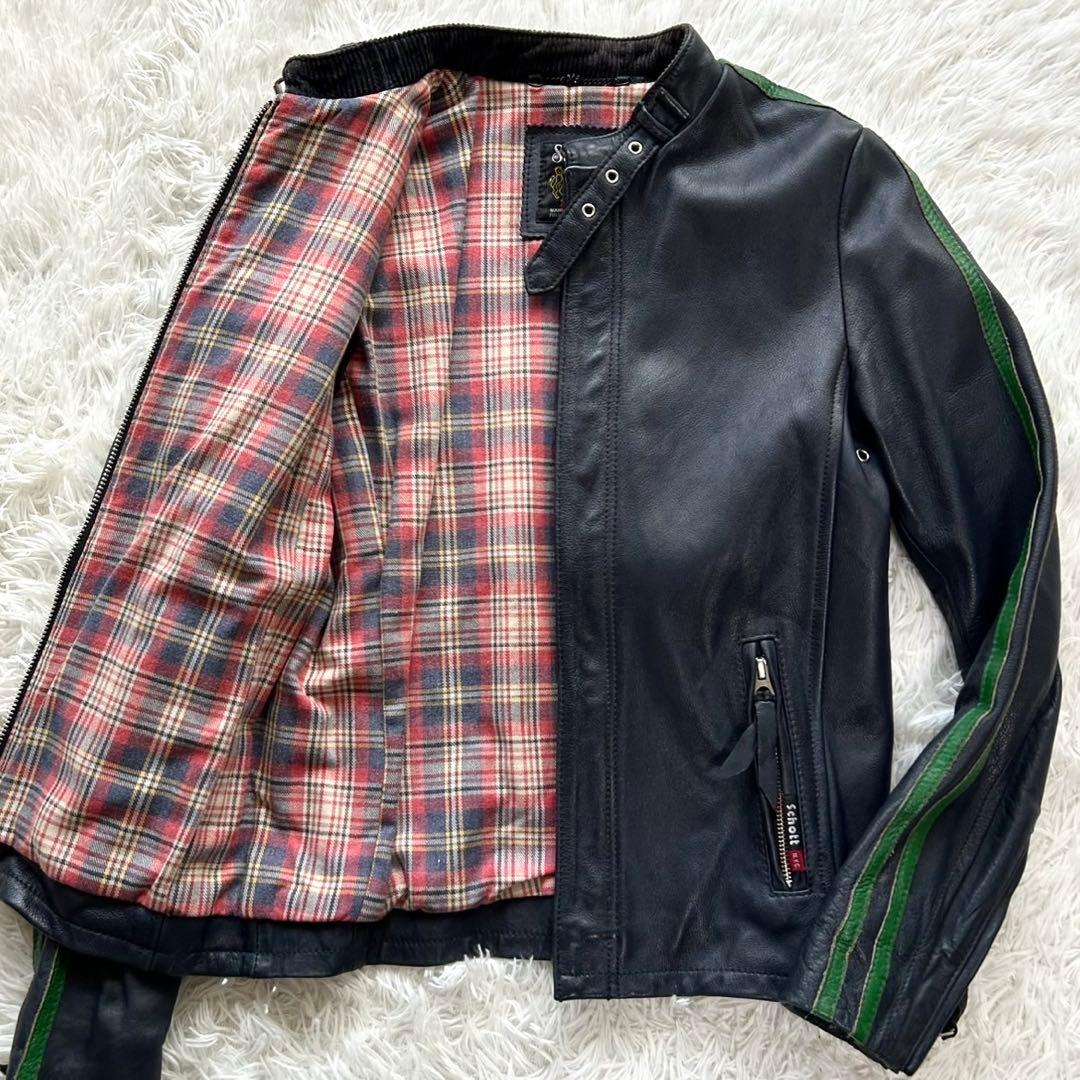 希少色　ショット　シングルライダースジャケット　牛革　グレーネイビー　S相当