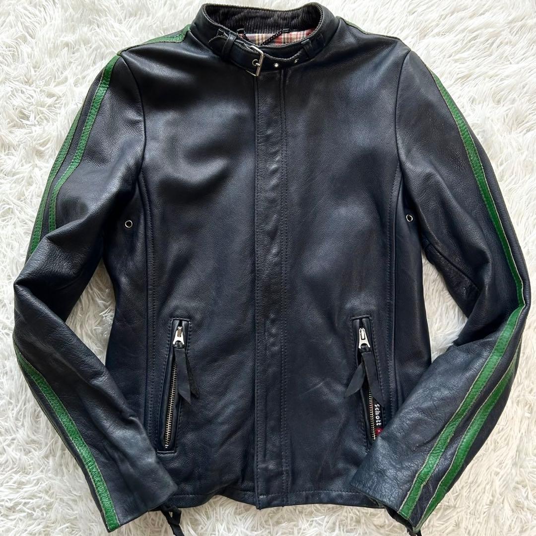 希少色　ショット　シングルライダースジャケット　牛革　グレーネイビー　S相当