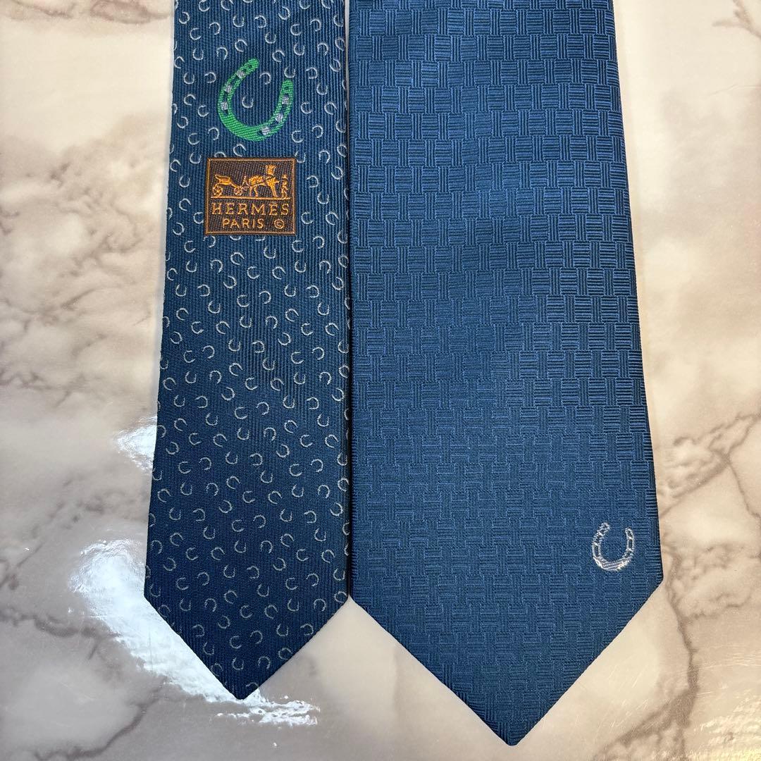 【極美品✨】HERMES ネクタイ　ファソネ　馬蹄　H柄　ネイビー　紺色　刺繍