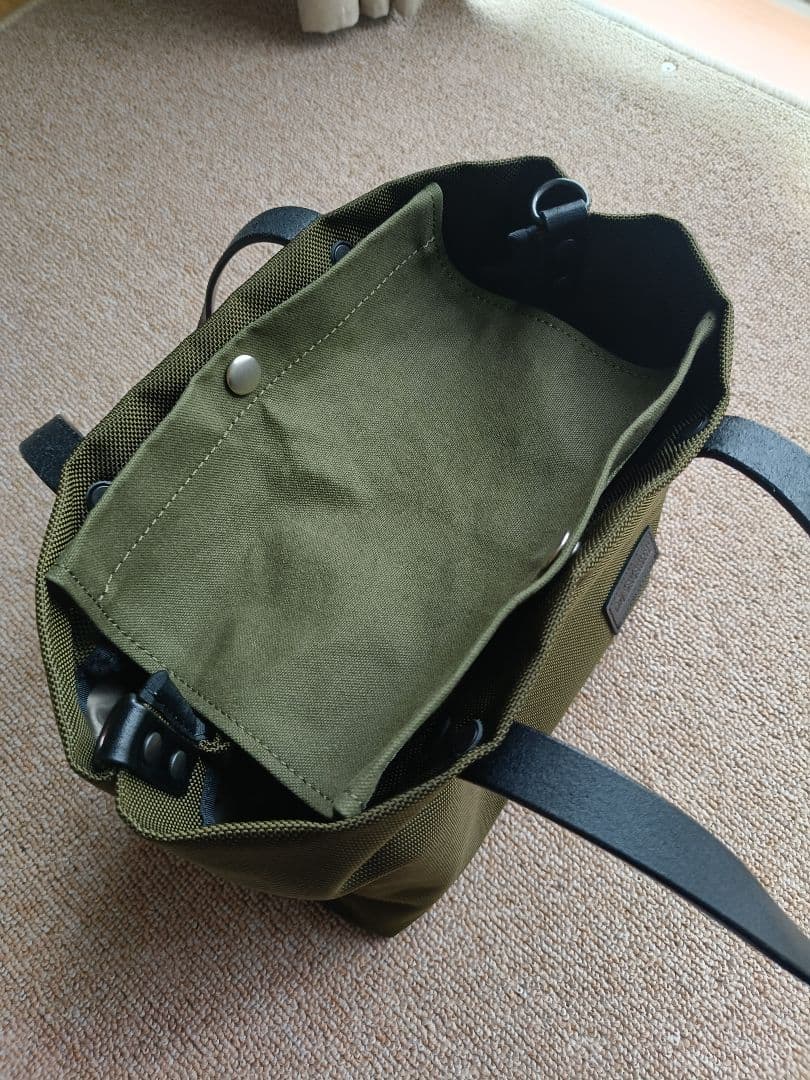 カワニシカバン　ミコＳ持手ロング　カーキ　コーデュラ　栃木レザー　帆布かぶせ蓋付