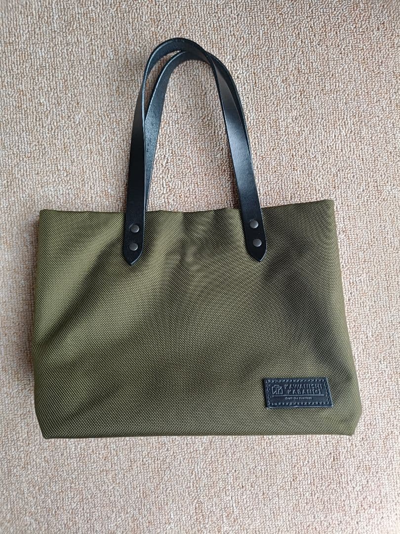 カワニシカバン　ミコＳ持手ロング　カーキ　コーデュラ　栃木レザー　帆布かぶせ蓋付