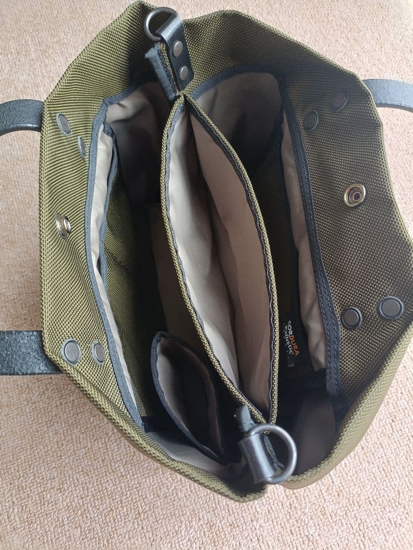 カワニシカバン　ミコＳ持手ロング　カーキ　コーデュラ　栃木レザー　帆布かぶせ蓋付