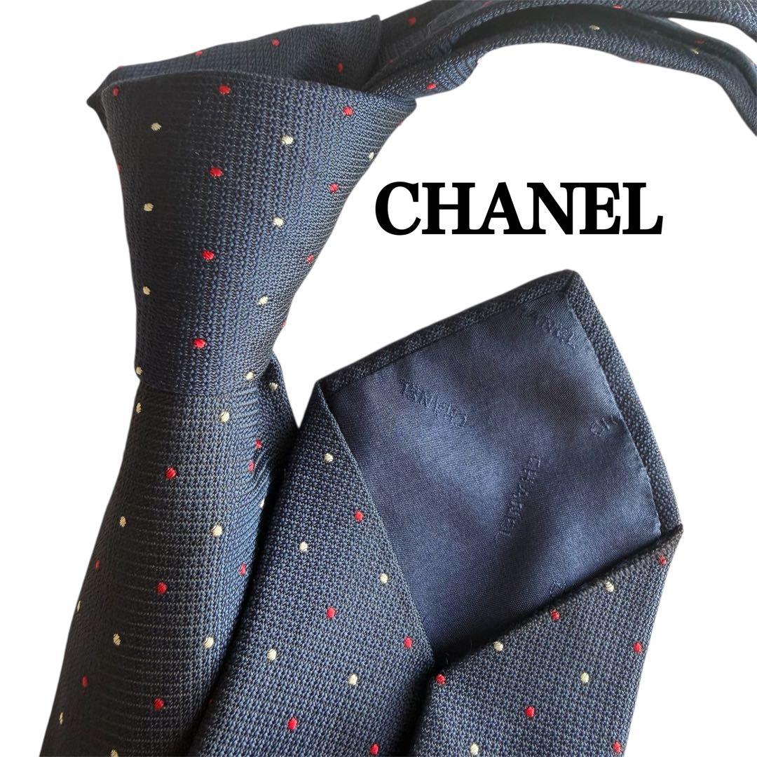 CHANEL シャネル　ネクタイ ネイビー 紺　赤　白　水玉模様　ドット柄