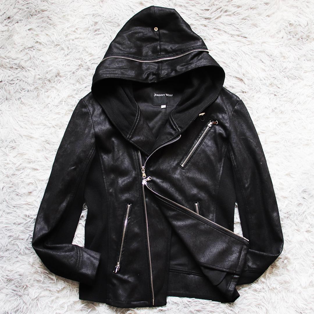 Y2K✨ジョニーウルフ フェイクレザーライダースパーカー ダブルジップ 切り替え