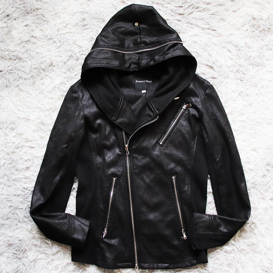 Y2K✨ジョニーウルフ フェイクレザーライダースパーカー ダブルジップ 切り替え