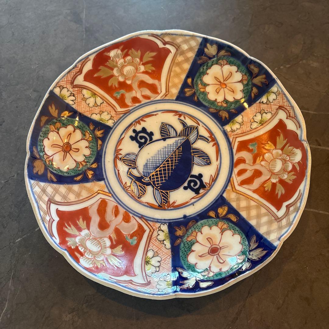 【美品】古伊万里 色絵 桃手 飛蝗亀文 輪花皿 径約22cm 金彩 骨董 江戸