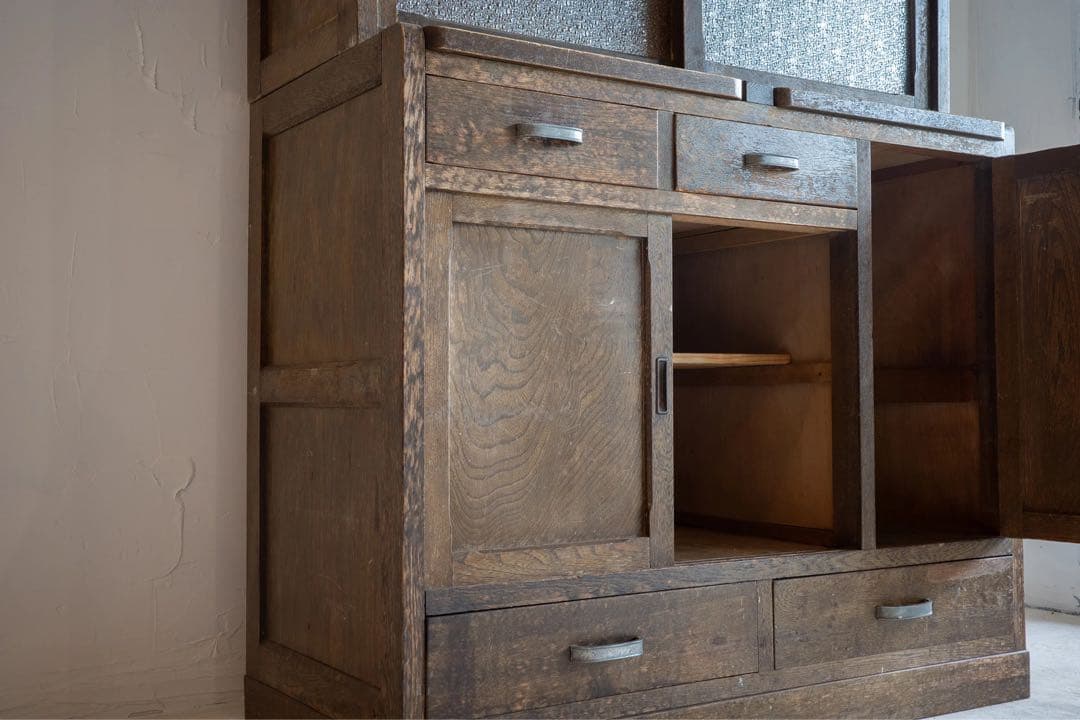 昭和レトロ 食器棚 水屋箪笥 ガラス引き戸 折り畳み天板付