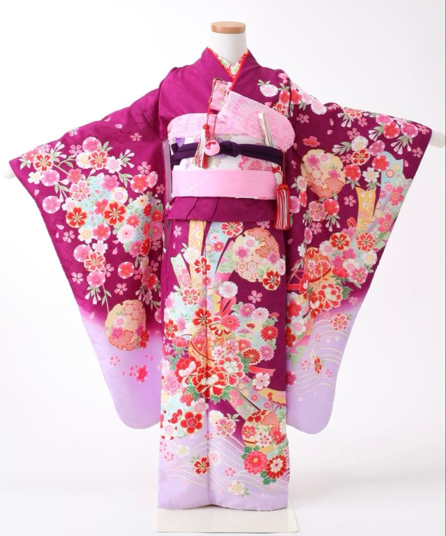 七五三 7歳着物 紫 パステルカラー 化繊