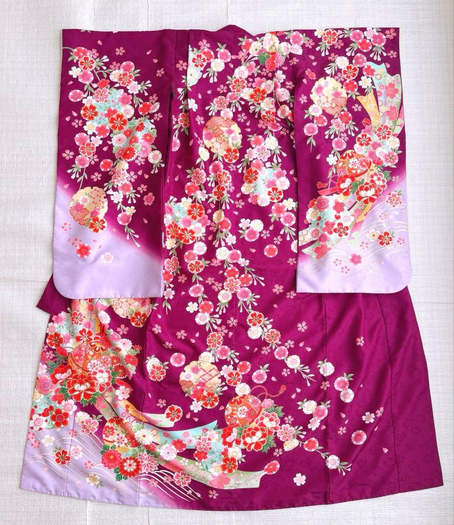 七五三 7歳着物 紫 パステルカラー 化繊