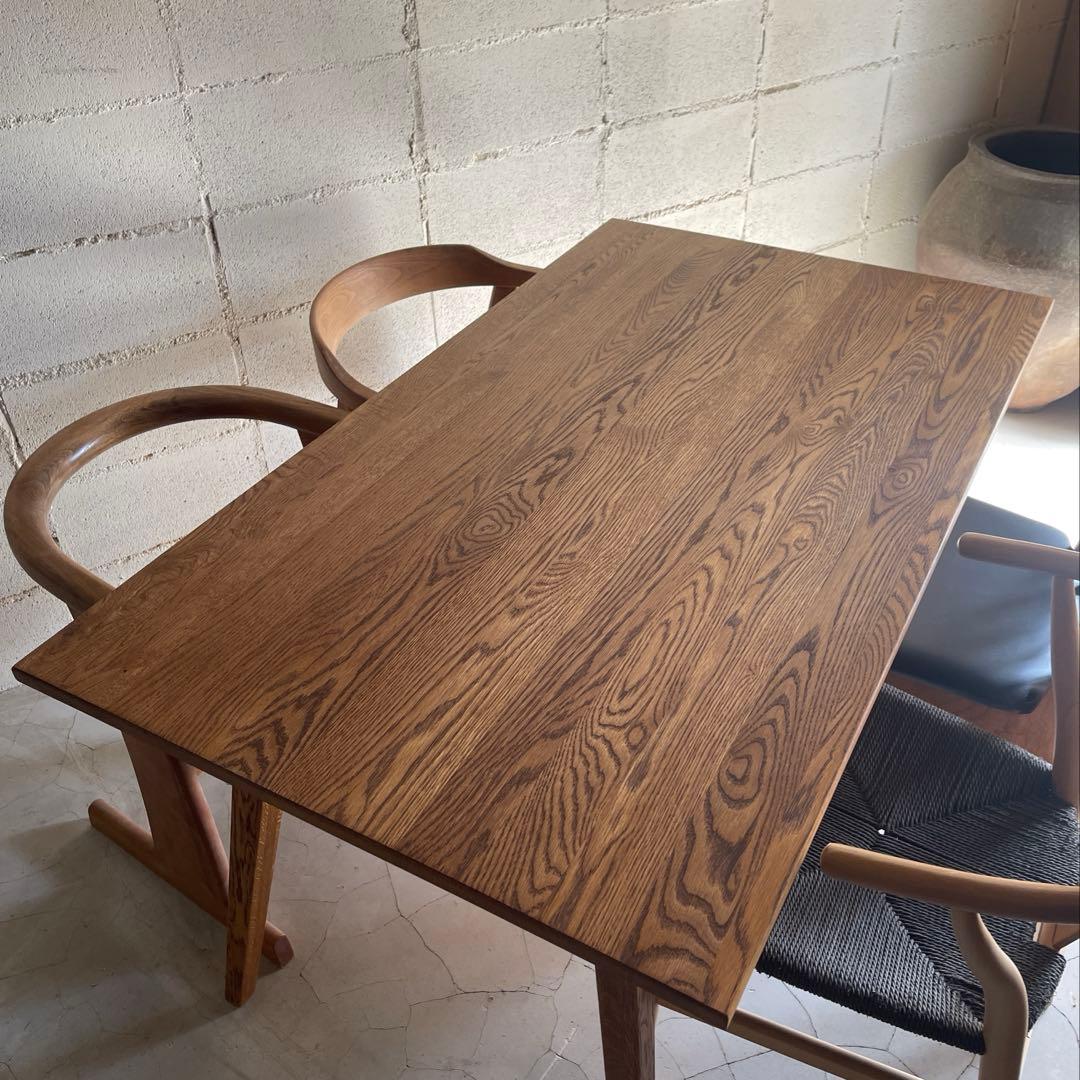 美品　天然木オーク無垢　ダイニングテーブル　角テーパー斜脚　スクエア型長方形天板