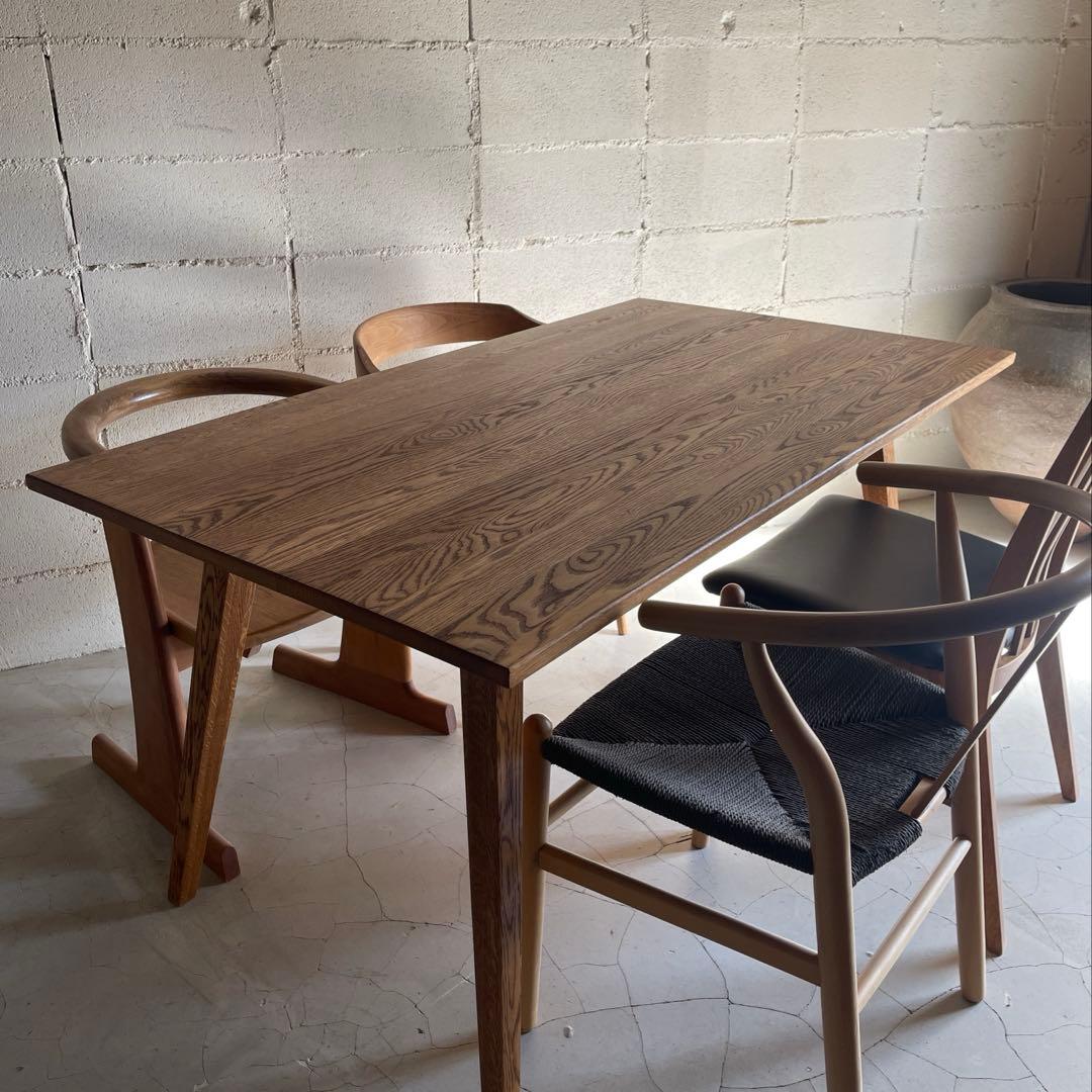 美品　天然木オーク無垢　ダイニングテーブル　角テーパー斜脚　スクエア型長方形天板