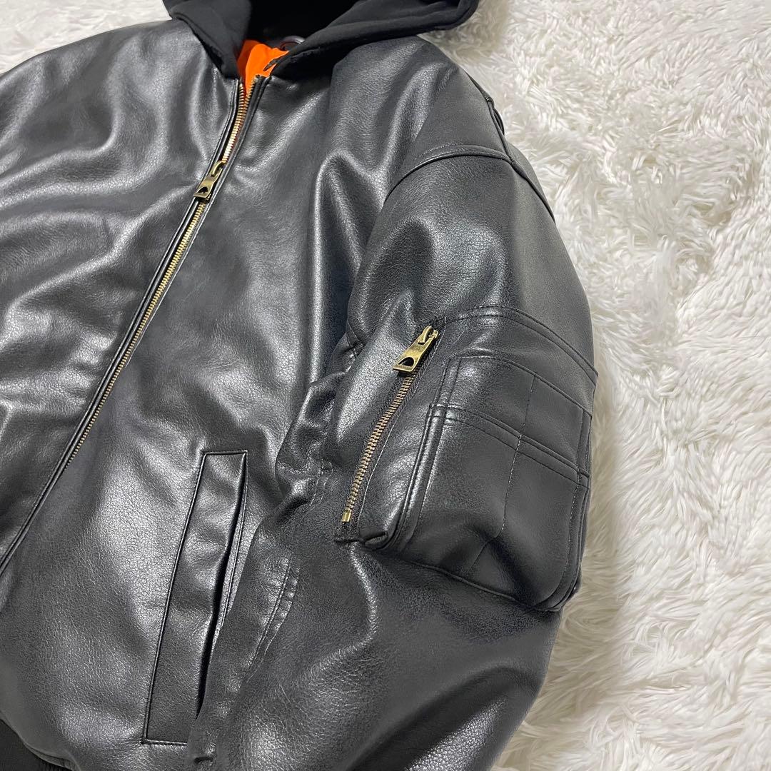 美品　ZARA ザラ コントラストフード付きフェイクレザー ジャケット S 黒