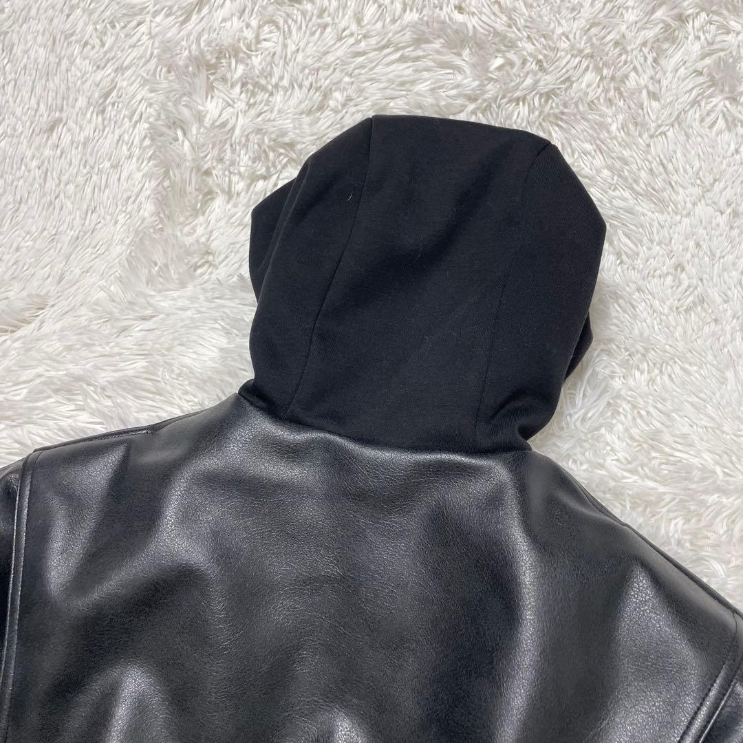 美品　ZARA ザラ コントラストフード付きフェイクレザー ジャケット S 黒