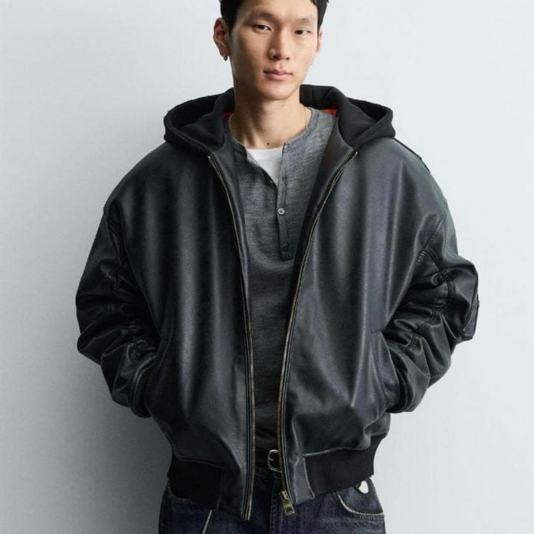 美品　ZARA ザラ コントラストフード付きフェイクレザー ジャケット S 黒