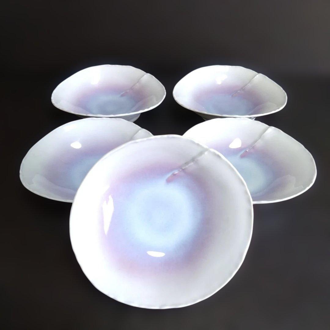 新品 有田焼 藤巻製陶 紫 小鉢５個 継ぎ合わせ 楕円形 取皿