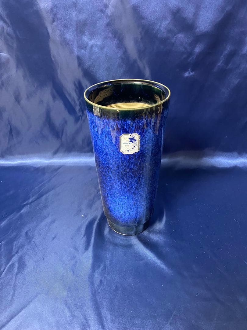 青色陶器花瓶 円筒形