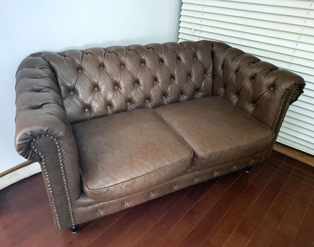 値下げ　ブラウン合成皮革2人掛けソファ