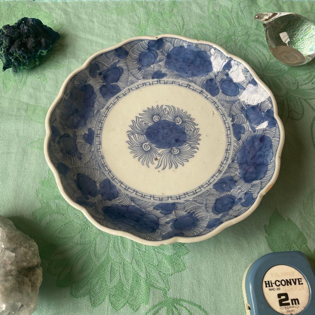 江戸期　古伊万里　染付　花唐草　牡丹　中皿
