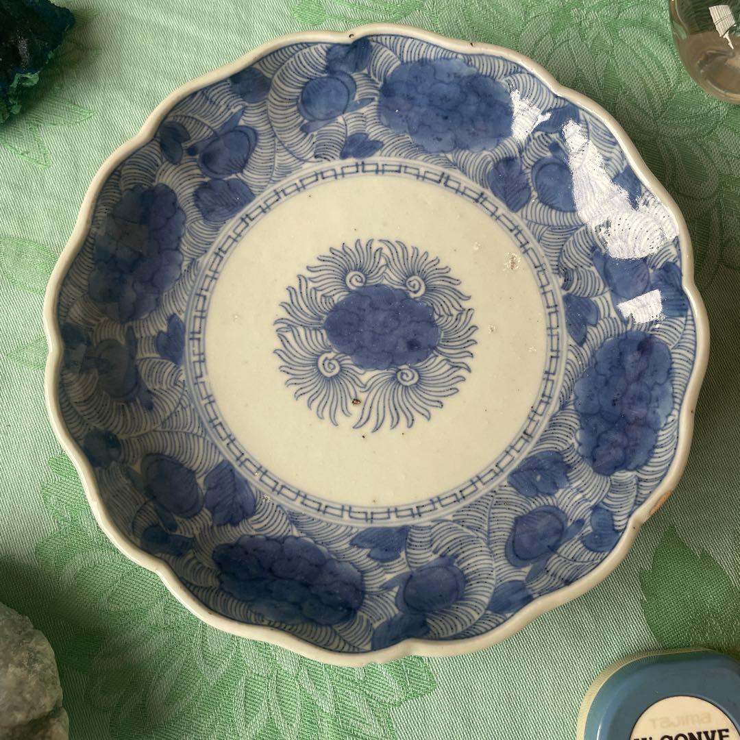 江戸期　古伊万里　染付　花唐草　牡丹　中皿